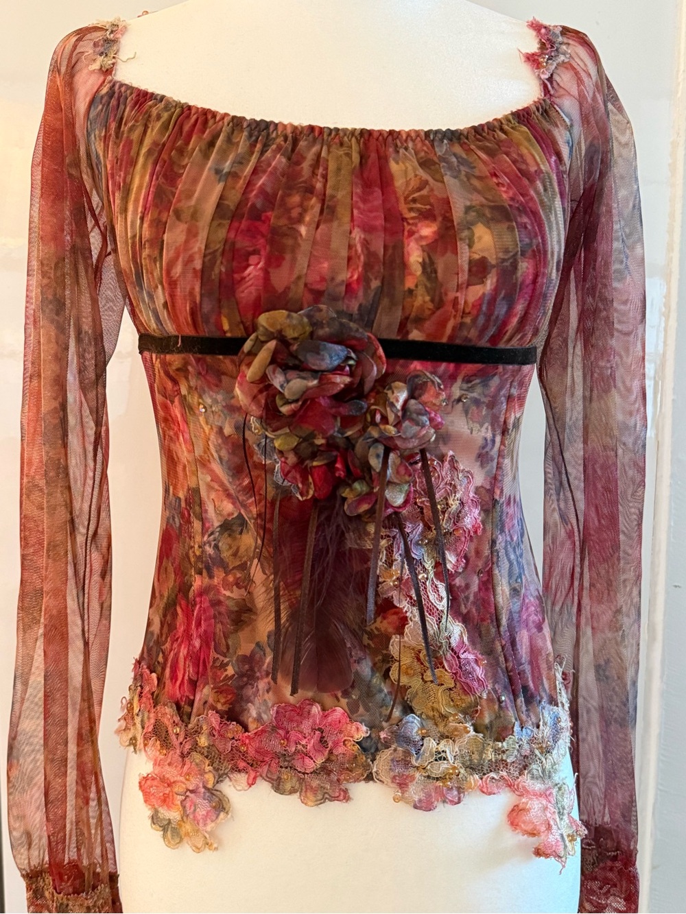 Floral Sheer Long-Sleeve Top in Burgundy Pink - Picture 3 of 5